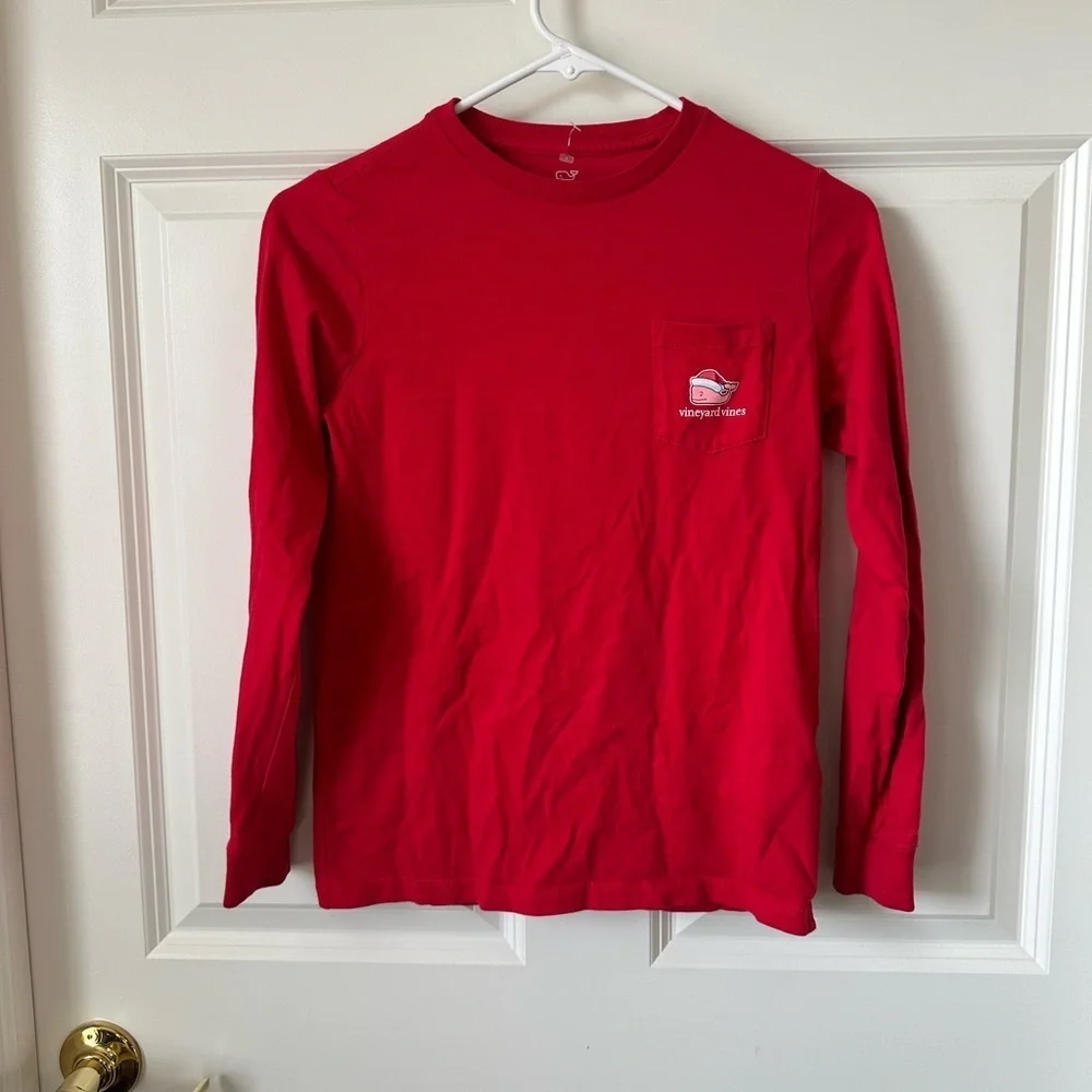 Vineyard Vines Boys Red 2025 Santa Whale Long-Sleeve Pocket Tee Size S (8-10)